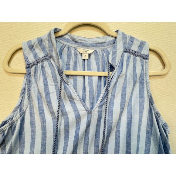 Crown & Ivy Womens Peplum Blouse Top Size M BlueStriped Sleeveless Linen Blend - Picture 5 of 12
